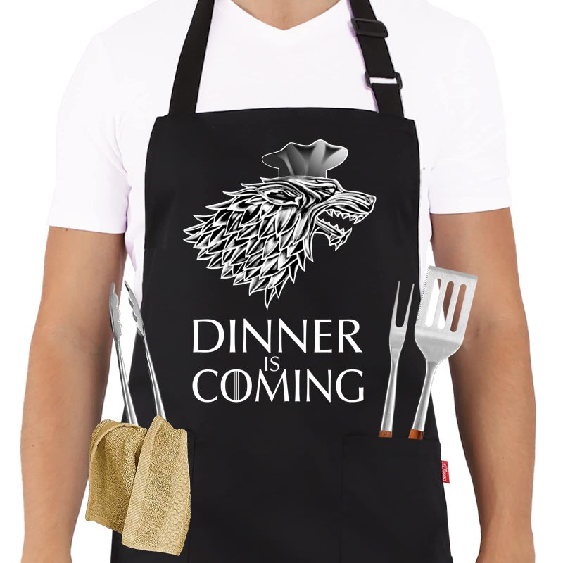 ALIPOBO Grill Aprons for Men Women, Dinner is Coming Kitchen Chef Apron with 2 Pockets and 40" Long Ties, Adjustable Bib Apron for Cooking, BBQ, Baking, Gardening, Black - Image 1